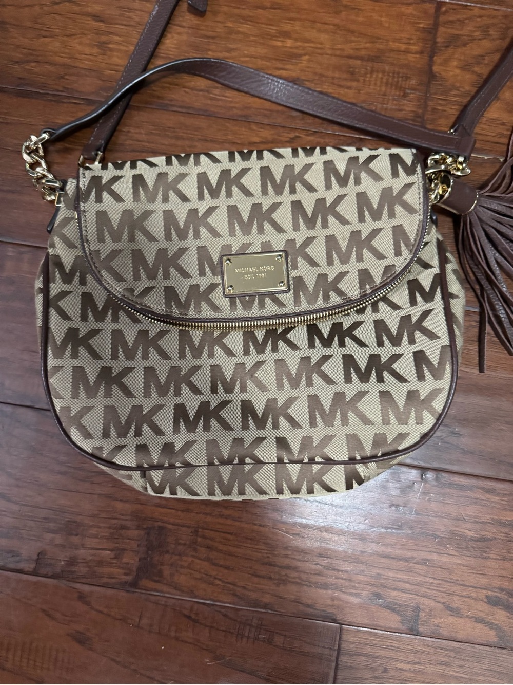 Michael Kors Tan and Brown MK Logo Crossbody Bag